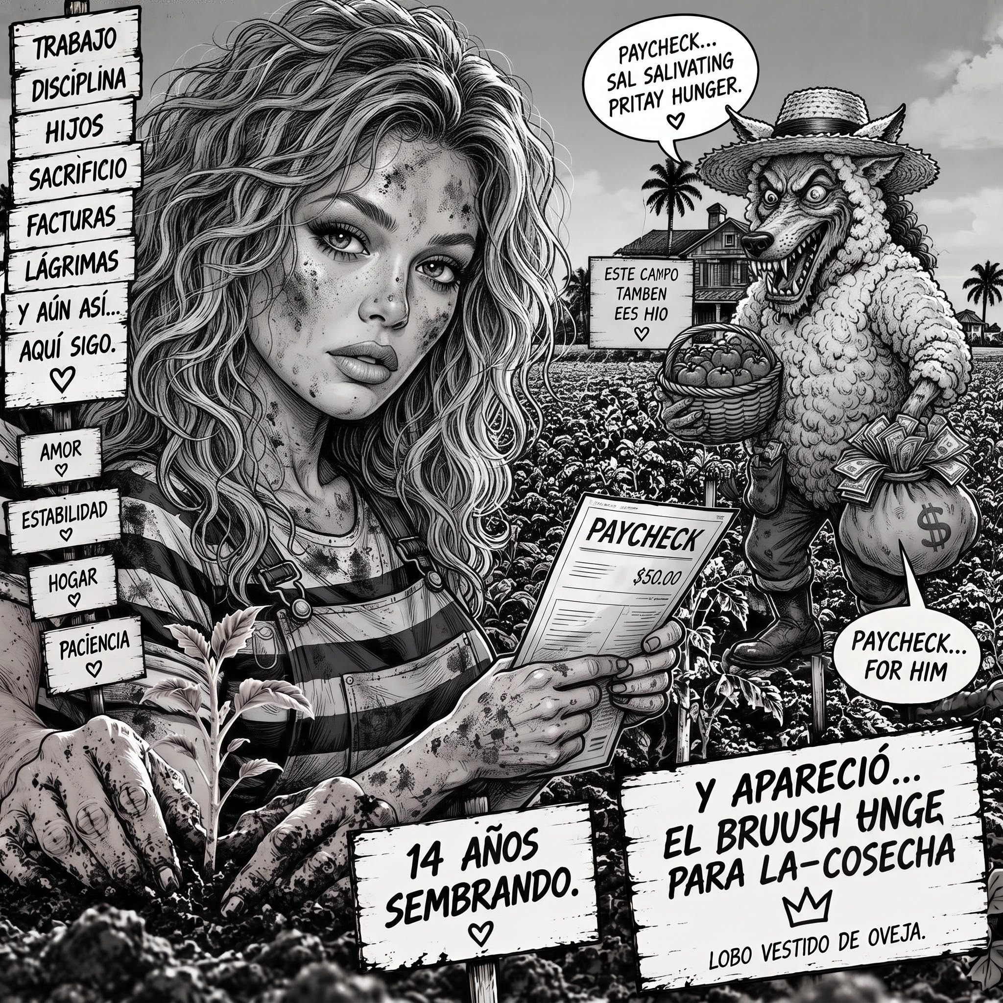 Ilustración satírica sobre familia y manipulación